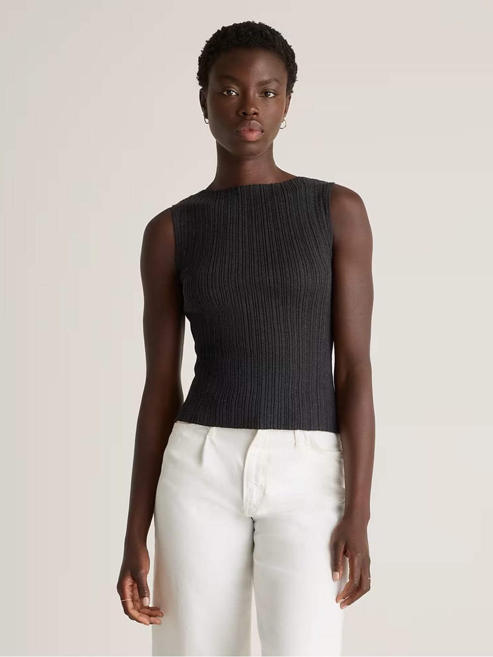 Quince Cotton Cashmere Ribbed Tank, Heather Charcoal, Size L